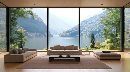Poster - A serene modern living room with large windows showcasing a stunning mountain lake view.