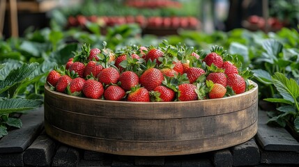 Wall Mural - A wooden bowl filled with fresh strawberries surrounded by green leaves.