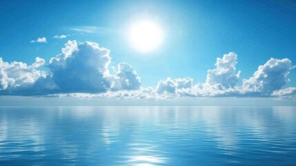 Poster - A serene seascape featuring calm waters and a bright sun illuminating fluffy clouds.