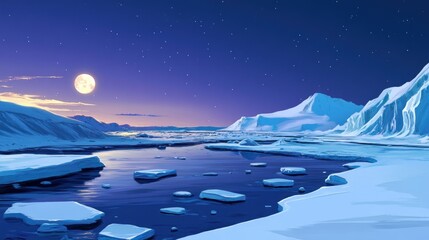 Poster - A serene snowy landscape under a bright moon, with icy waters and scattered icebergs.