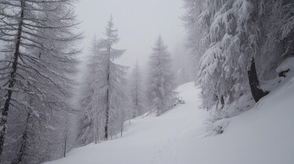 Poster - A serene snowy landscape with tall trees shrouded in fog.
