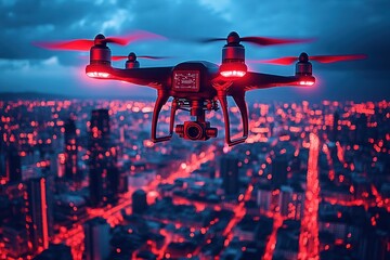 Poster - Drone flying over vibrant illuminated cityscape