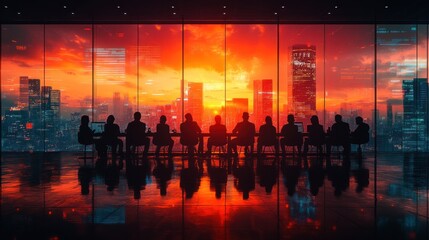 Poster - Silhouetted figures meeting against sunset backdrop