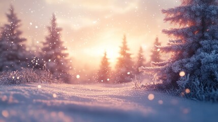 Poster - A serene winter landscape at sunset, with snow-covered trees and gentle snowfall.