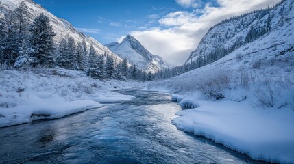 Poster - A serene winter landscape featuring a river surrounded by snow-covered mountains and trees.