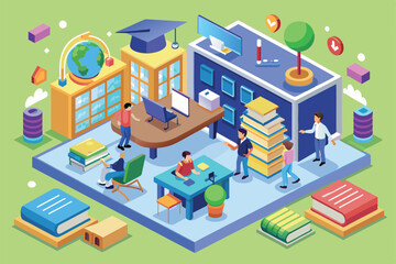 Poster - students engage in various educational activities surrounded by books and learning tools in a vibran