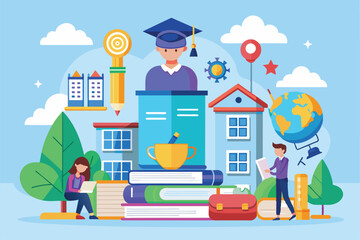 Poster - Students interact with books, learning materials, and educational symbols in a vibrant, engaging environment, Education Customizable Flat Illustration