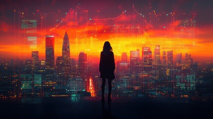 Poster - Silhouette against vibrant cityscape with data overlay