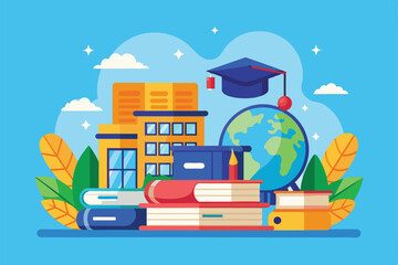 Poster - A vibrant arrangement of books, a globe, and a graduation cap symbolizes the essence of education and learning, Education Customizable Semi Flat Illustration