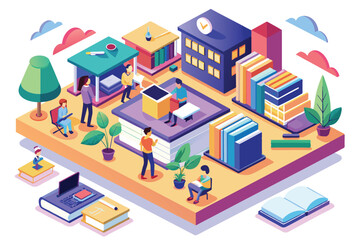 Poster - An interactive educational space showcases students exploring and engaging with diverse learning resources, Education Customizable Isometric Illustration