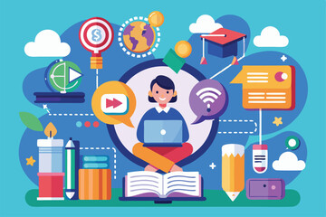 Poster - A student sits cross-legged with a laptop, surrounded by various educational icons and symbols, engaging in learning, Education process video concept,
