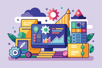 Poster - a vibrant illustration shows a workspace focused on data analysis and improving efficiency using tec