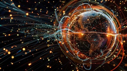 Poster - Colorful lines and dots surrounding planet earth represent global communication, data transfer, and the interconnectedness of information in the digital age