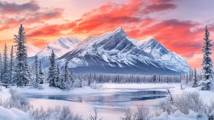 Poster - A serene winter landscape featuring snow-covered mountains and a tranquil river at sunset.