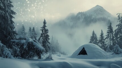 Poster - A serene winter landscape featuring snow-covered trees, mountains, and a tent.