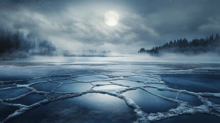 Poster - A serene winter landscape under a full moon, with a frozen lake and misty surroundings.