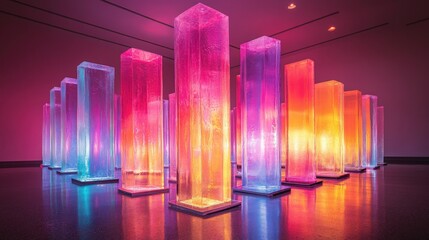 Poster - Vibrant Geometric Installation of Colorful Transparent Columns Illuminating an Artistic Space with Neon Hues and Reflective Surfaces