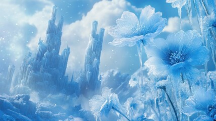 Poster - A serene winter landscape with icy flowers and crystalline structures under a blue sky.