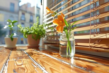 Wall Mural - Orange Flower in a Glass Jar on a Wooden Table with a Window in the Background