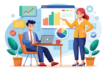 Poster - Employee explains a business chart to the manager in a modern office setting, Employee explains business chart to manager