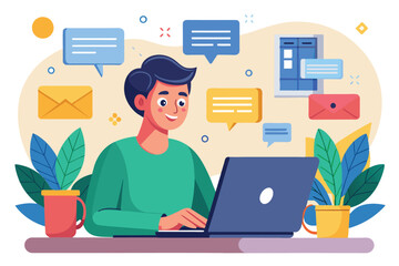 Poster - An employee attentively reads chat messages while working on a laptop in a cheerful environment, employee reading a social text online chat message