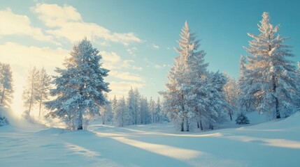Aufkleber - A serene winter landscape with snow-covered trees under a bright blue sky.