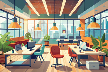 Poster - Spacious modern coworking space features plants, computers, and natural light illuminating the area, Empty modern coworking space illustration