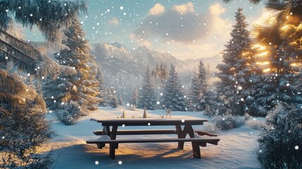 Aufkleber - A serene winter scene featuring a picnic table surrounded by snow-covered trees and mountains.