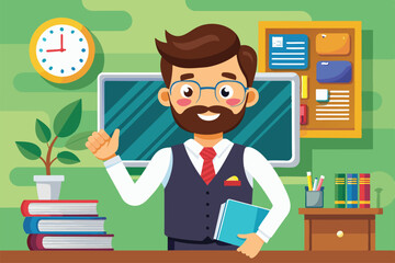 Poster - The cheerful teacher stands in front of the class with a book, ready to engage students in learning, English teacher Customizable Cartoon Illustration