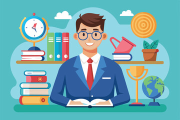 Poster - An English teacher engages with students surrounded by books, plants, and classroom essentials, English teacher Customizable Flat Illustration