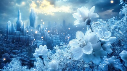 Poster - A serene, icy landscape featuring delicate white flowers against a mystical, frozen city backdrop.