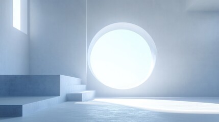 Aufkleber - A serene, minimalistic interior featuring a large circular window and soft lighting.