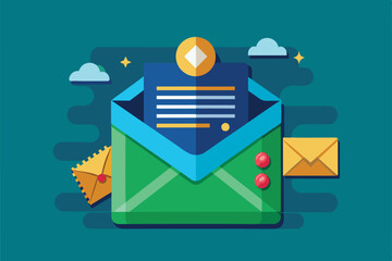 Poster - A colorful envelope displays customizable elements alongside letters and clouds, Envelope Customizable Flat Illustration