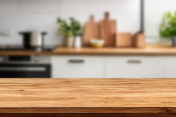 Wall Mural - Kitchen wood table top for product display with blurred modern interior. Wooden tabletop over defocused kitchen background. kitchen furniture and desk space. product promotion in the kitchen