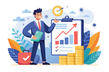 Poster - a businessman presents growth strategies using charts and graphs while standing next to growth symbo