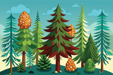 Wall Mural - Tall pine trees and cedar growths display vibrant cones against a peaceful natural backdrop Evergreen pine growths with cones, cedar and coniferous twigs,