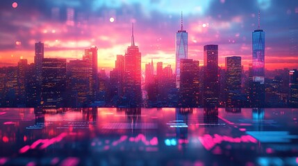 Poster - Futuristic city skyline at sunset with digital overlay
