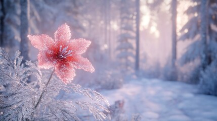 Aufkleber - A solitary pink flower covered in frost amidst a snowy forest landscape.