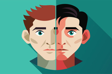 Poster - two stylized faces illustrate different emotions and features, each engaging with the other in a cre