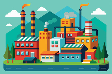 Poster - a vibrant factory setting features colorful buildings, smokestacks, and surrounding trees under a su