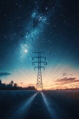 Wall Mural - night sky with power line