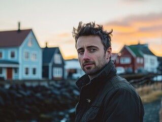 Canvas Print - Man standing in front of houses