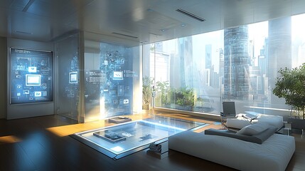 Poster - Futuristic smart home interior with city view, featuring interactive displays and modern furniture.