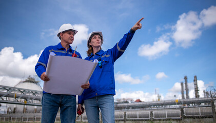 Sticker - Engineers wearing safety gear, including hard hats examining survey detail standing industrial facility gas or oil refinery engaged in a job requires high safety standards concept.	