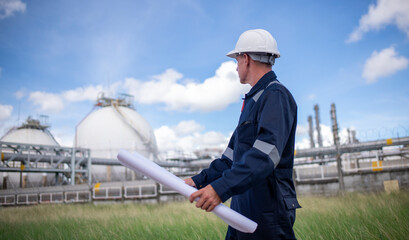 Poster - Engineers wearing safety gear, including hard hats examining survey detail standing industrial facility gas or oil refinery engaged in a job requires high safety standards concept.	