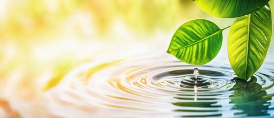 Poster - Rippling water droplet on green leaves serene nature scene outdoor photography calm atmosphere Blur Background