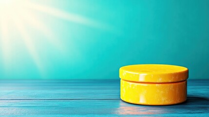 Poster - Vibrant yellow container on wooden surface minimalist design bright room relaxed atmosphere