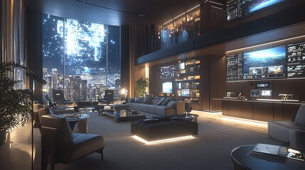 Aufkleber - Luxurious penthouse apartment with panoramic city view at night, featuring modern technology and entertainment systems.
