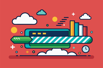 Poster - a vibrant illustration showcasing a computer with books and clouds in a creative layout fast loading