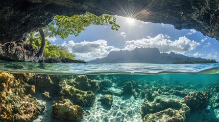 Aufkleber - A stunning underwater view showcasing coral reefs and mountains in a tropical paradise.